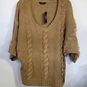 Vertigo Paris Sweater Knit Yarn Angora Fur Drop U-neck Camel Ribbed Dolman - NWT